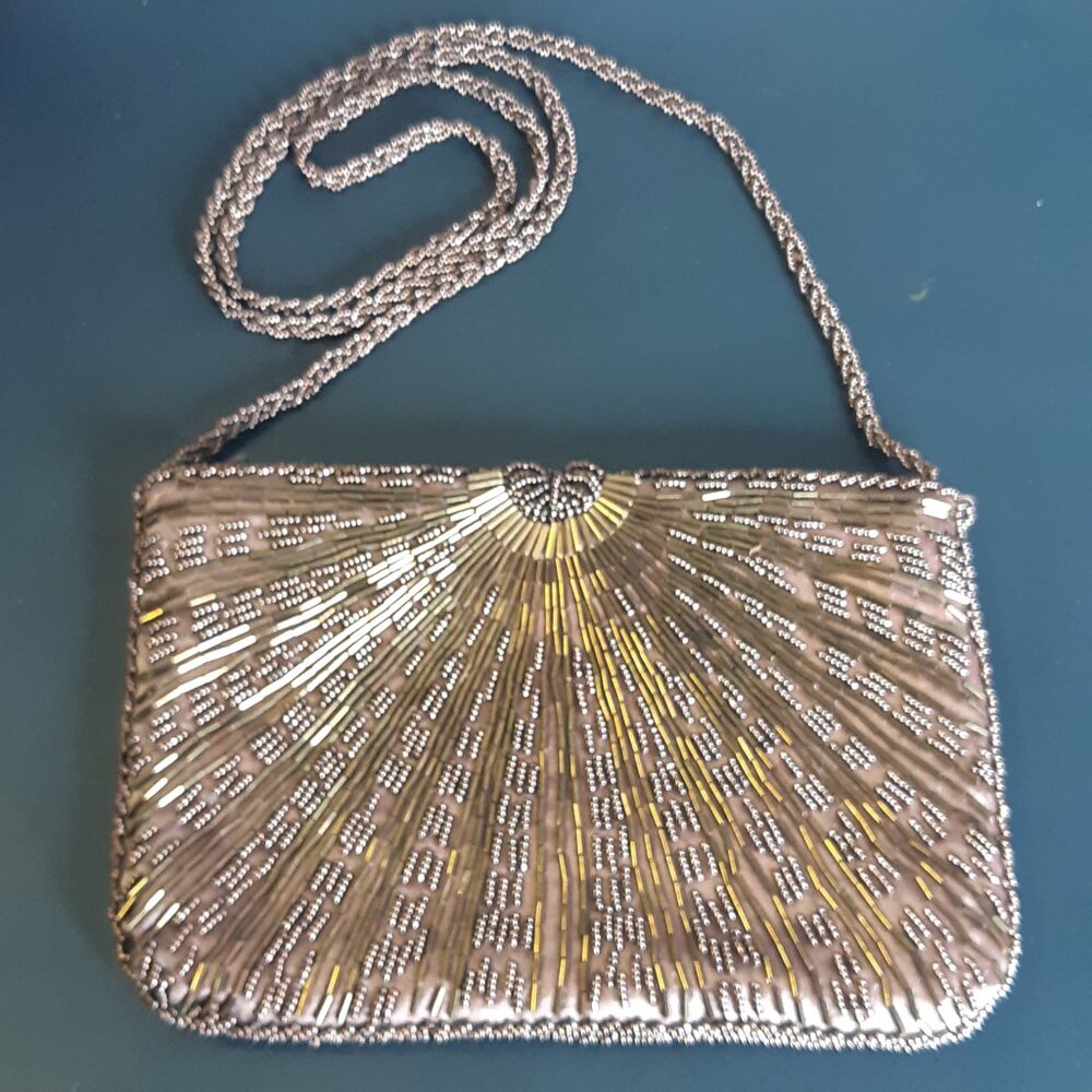 Beaded Evening Brown Shoulder Bag with Satin Lining 8.5"x5.5"